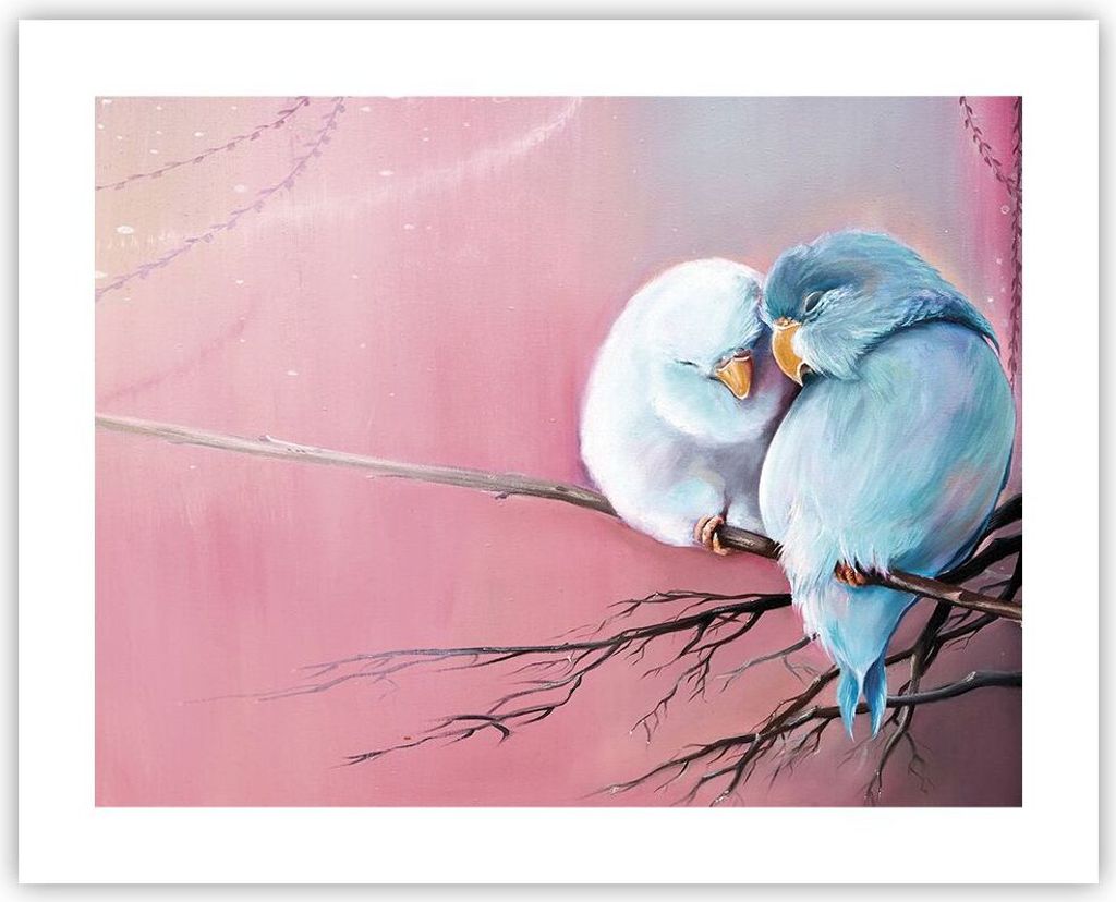 Poster - Poster ohne Rahmen - Vögel Blau Zweig - 50x40 cm - Wand Bild - Wanddeko - Wandbilder - Kunstposter - Wandposter - Bilder - Kunstdruck - W...