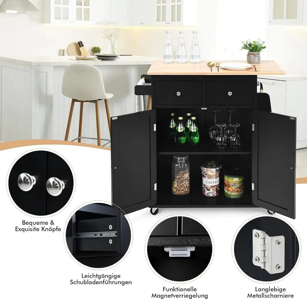 Desserte de cuisine mobile noire avec étagère réglable et freins - 6