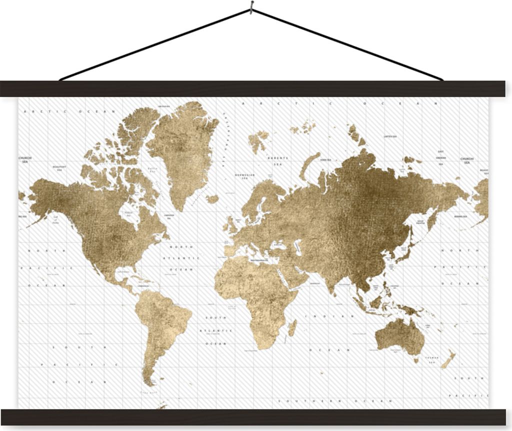 MuchoWow Textilposter Weltkarte - Gold - Glitter 90x60 cm mit schwarzem Rahmen - Aufhängungssatz