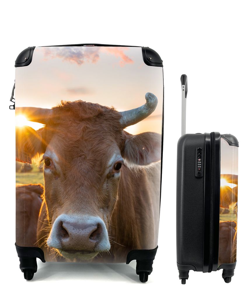MuchoWow Koffer Handgepäck Trolley Rollkoffer Kleine Reisekoffer mit 4 Rollen - Kühe - Sonne - Wiese - Landleben - Cabin Size < 55x40x23 cm & 5...