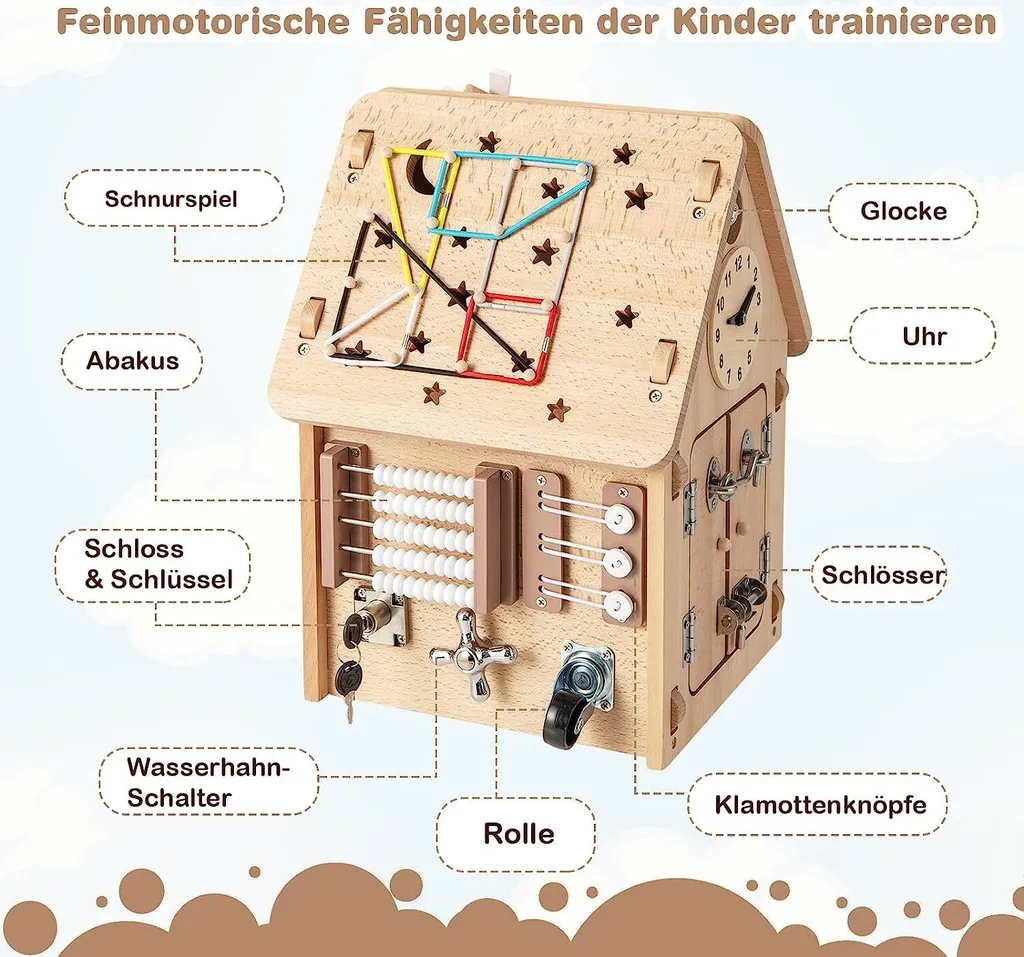 Cabane Montessori en Bois avec Cube d'Activité Sensoriel et Rangement
