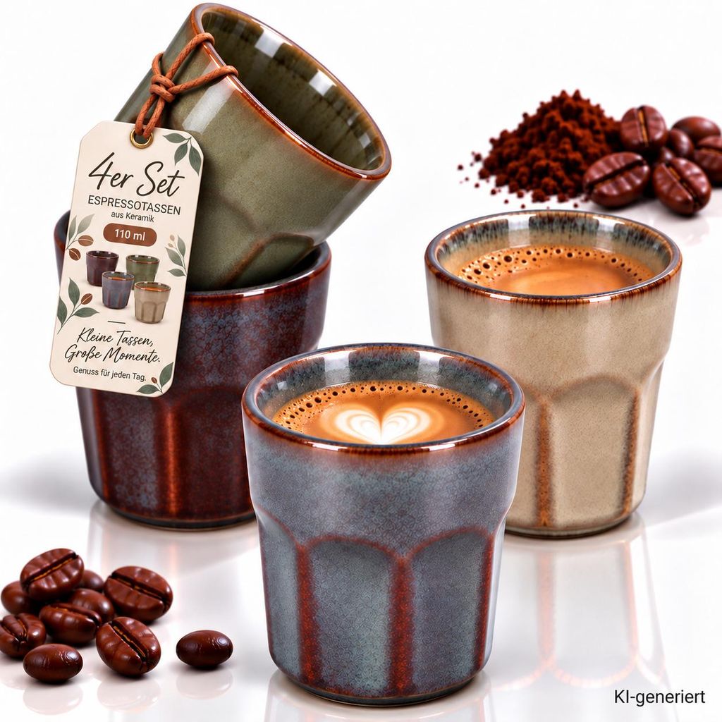 4er Set Espressotassen 110 ml aus Keramik – ohne Henkel, Produktbild  KI-generiertes Bild
