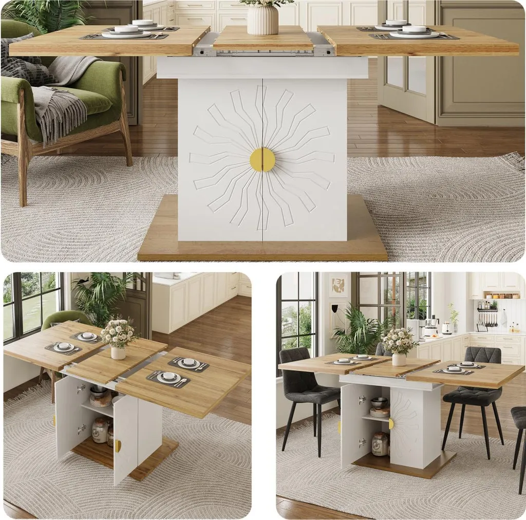 Table à rallonge 110-140 cm avec rangement soleil et poignées dorées