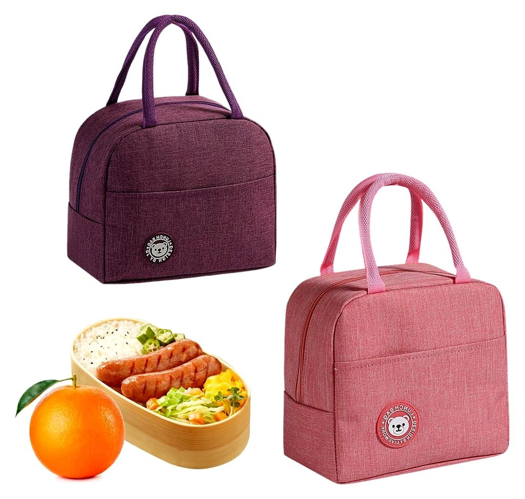 2 Stück Lunch Tasche, Rosa und Lila Mini Kühltasche, Doppellagig Verdickt Faltbar Thermotasche, für Picknicks, Büros und Schulen