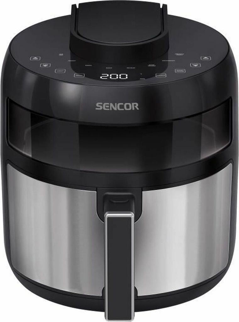 A Sencor air fryer is shown from a front-diagonal angle against a neutral background.