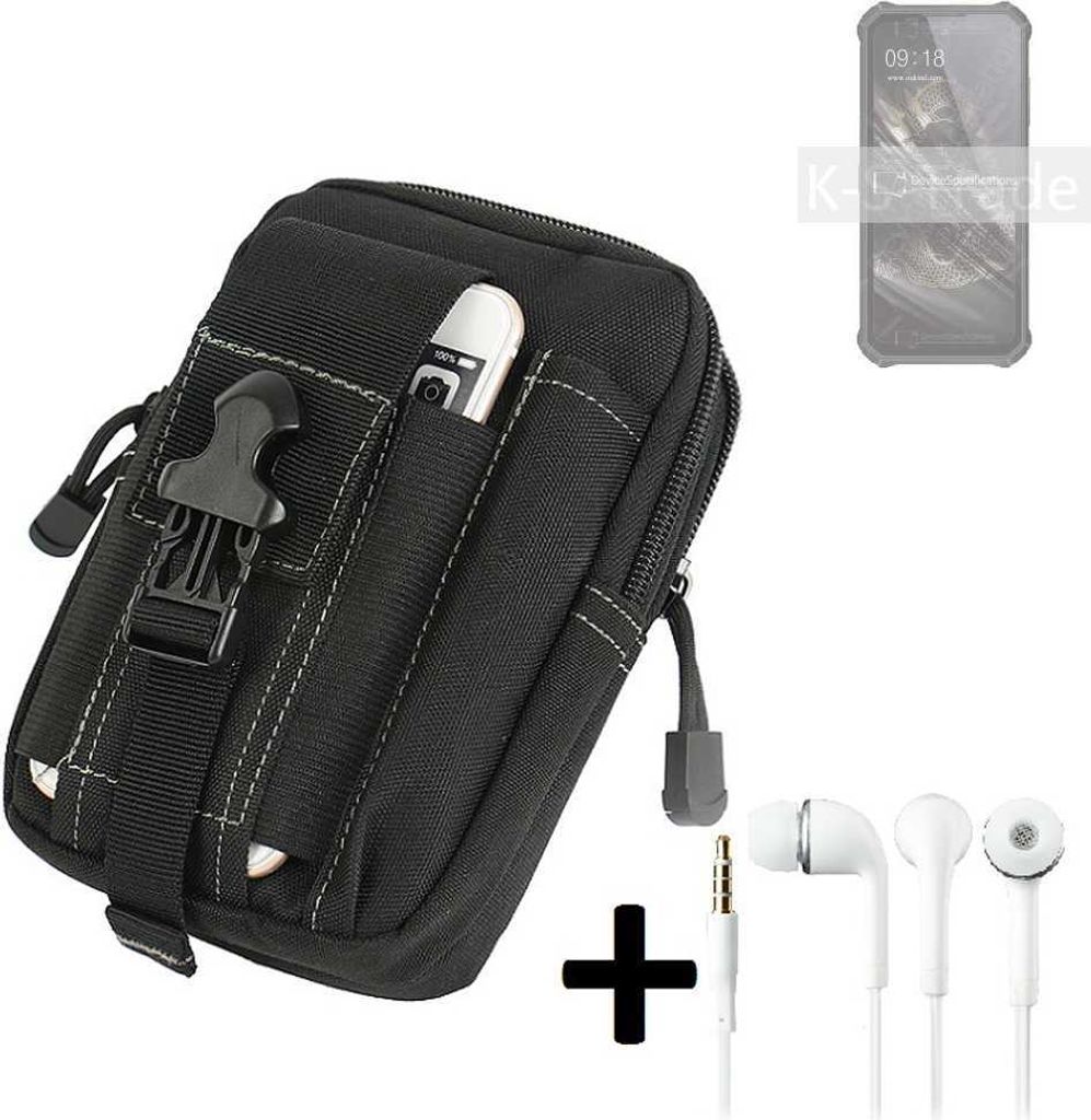 K-S-Trade Gürteltache + Kopfhörer kompatibel mit Oukitel WP19 Gürtel Tasche Holster Schutz Hülle Handy Hülle schwarz inkl. Extrafächer