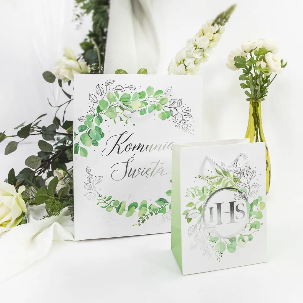 IHS Eucalyptus Argent Sac Cadeau Communion Petit Format pour Invités