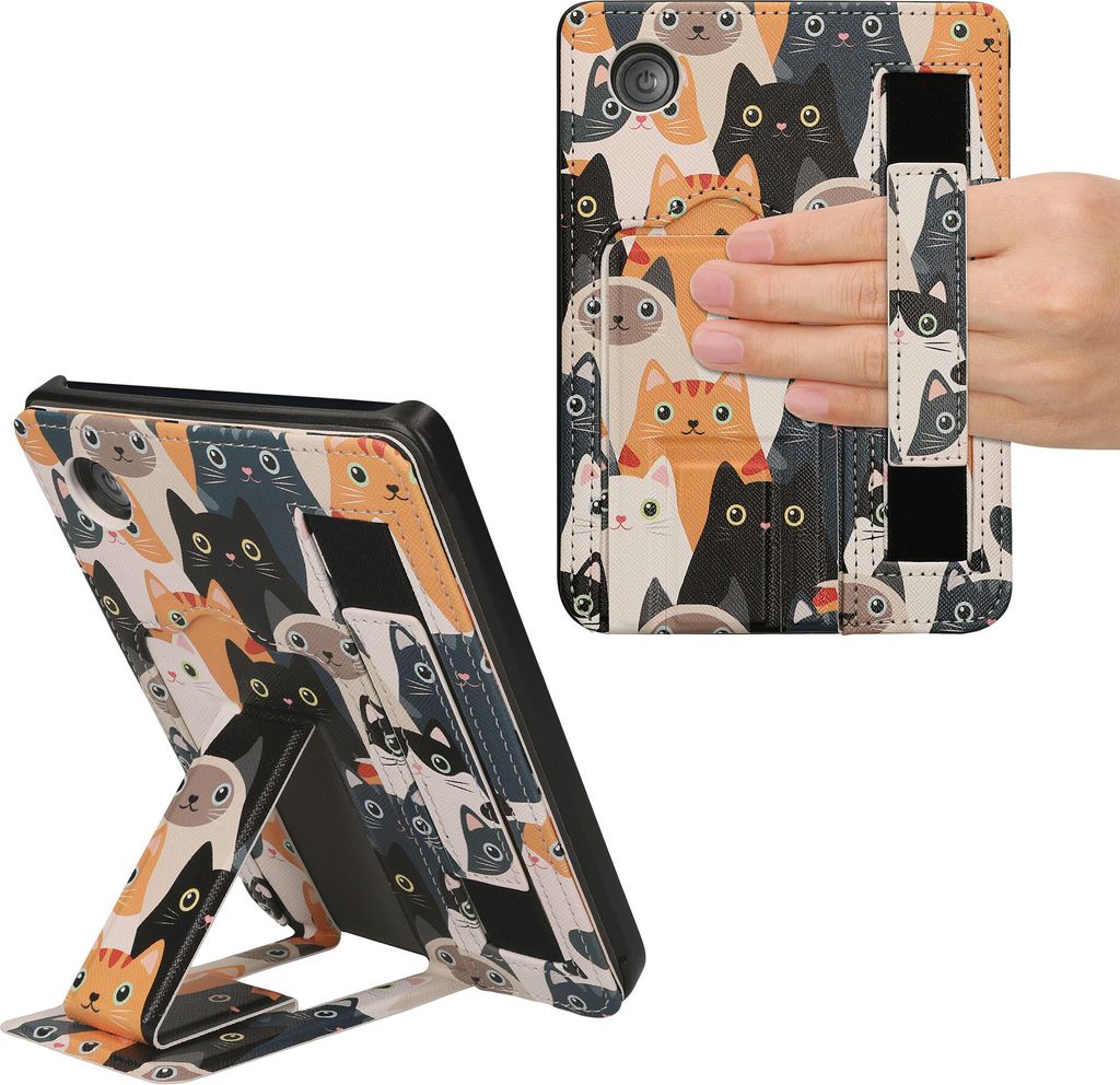 kwmobile Schutzhülle kompatibel mit Kobo Clara 2E / Tolino Shine 4 Hülle - Kunstlederhülle mit Ständer und Handgurt - Katzen - Orange Schwarz W...