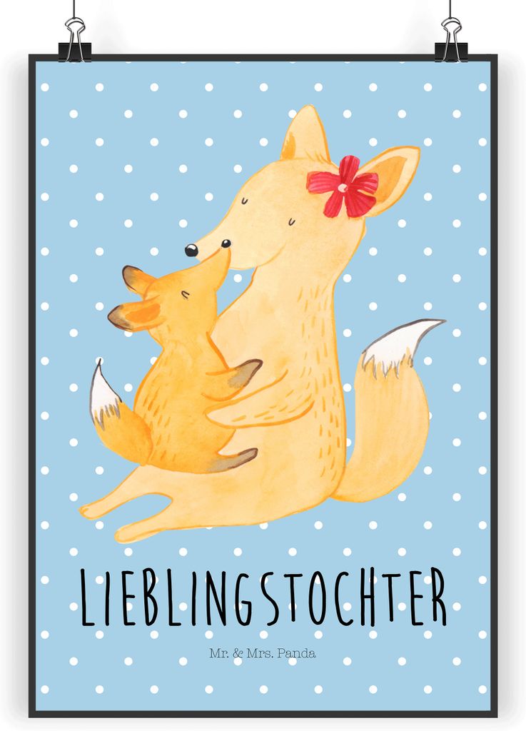 Mr. & Mrs. Panda Bild Fuchs Mama DIN A3 - Blau Pastell - Geschenk, Wandbild, drucke, Mutter, Schoß, wanddeko, wanddruck, Tochter, Muttertag, grafi...