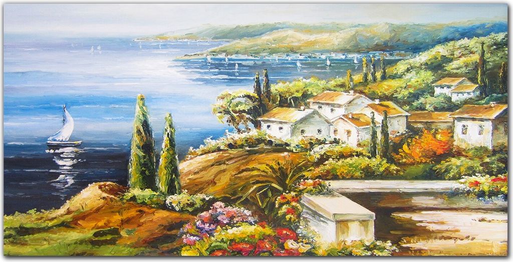 Coloray Bild aus Leinwand 140x70 Leinwand Dekoration - Dorf Boote Blumen
