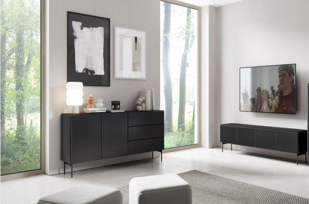 Möbelset Muti Schwarz Matt | 2-teilig mit Kommode & TV-Lowboard | Design mit Riffel-Fronten & Push-to-Open