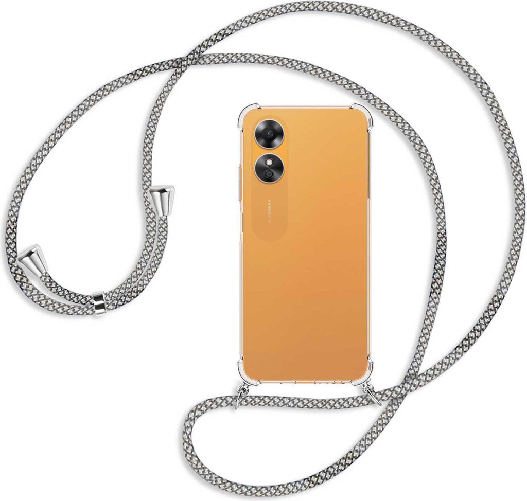 Handykette Backcover-Schutzhülle mit Band (Metall silberfarben) für Oppo A17 4G (CPH2477, 6.56'') - weiß/grau kariert