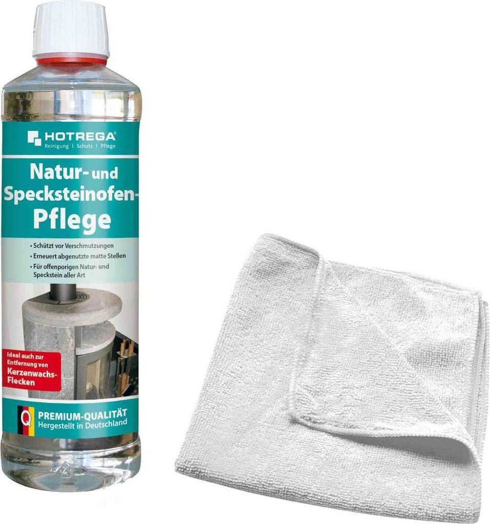 HOTREGA Natur und Specksteinofen Pflege 500 ml + Microfasertuch 40 x 40 cm