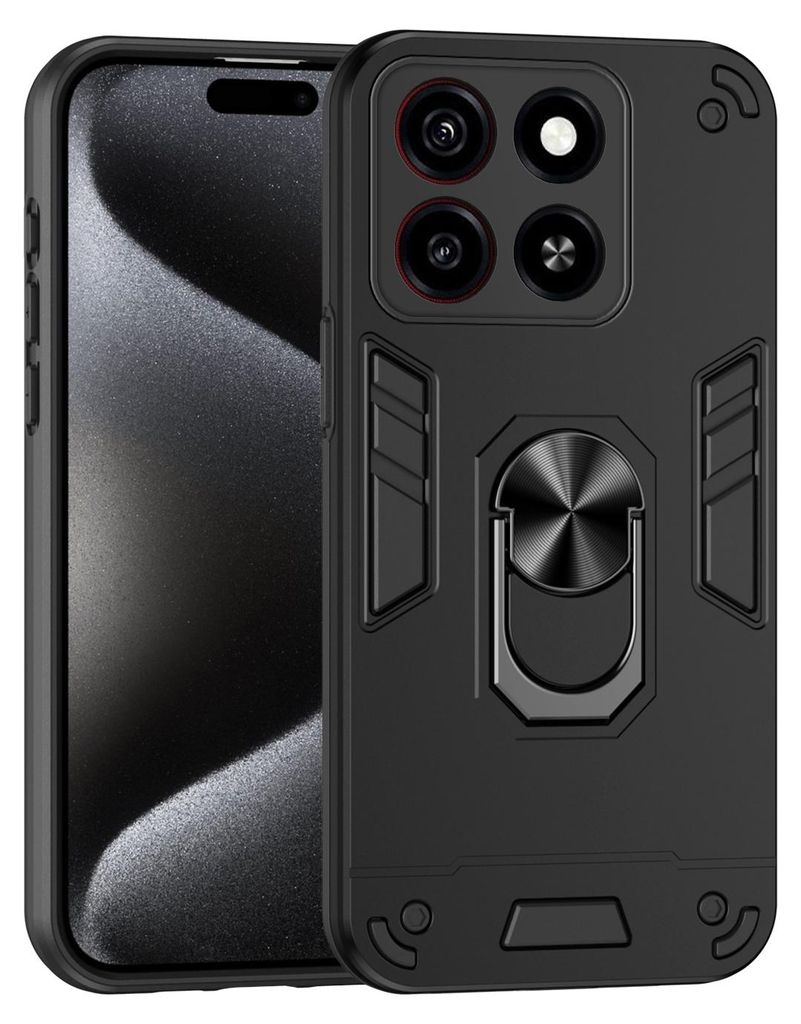 A black protective phone case with a metal ring stand is shown.