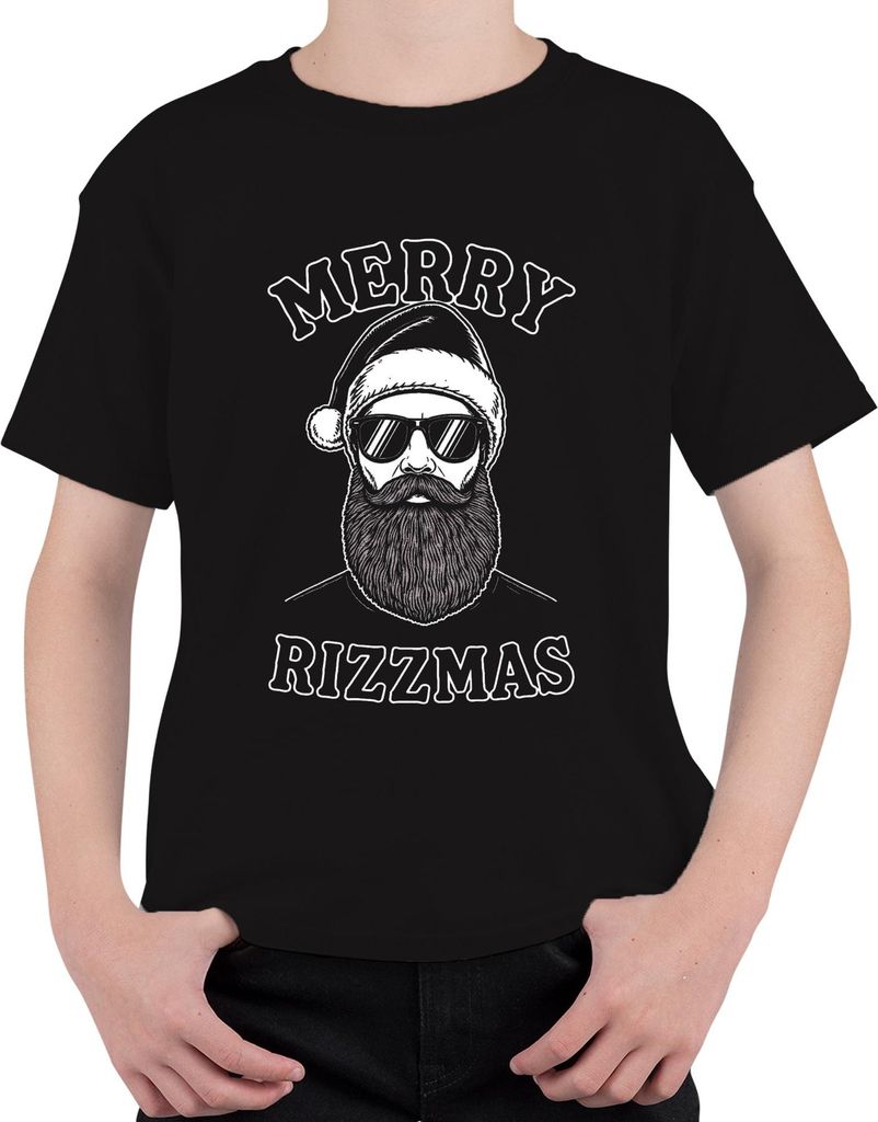 MERRY RIZZMAS Weihnachten Hipster Bärtiger Lustig Geschenkidee Uni Kinder T-Shirt, Schwarz, 128