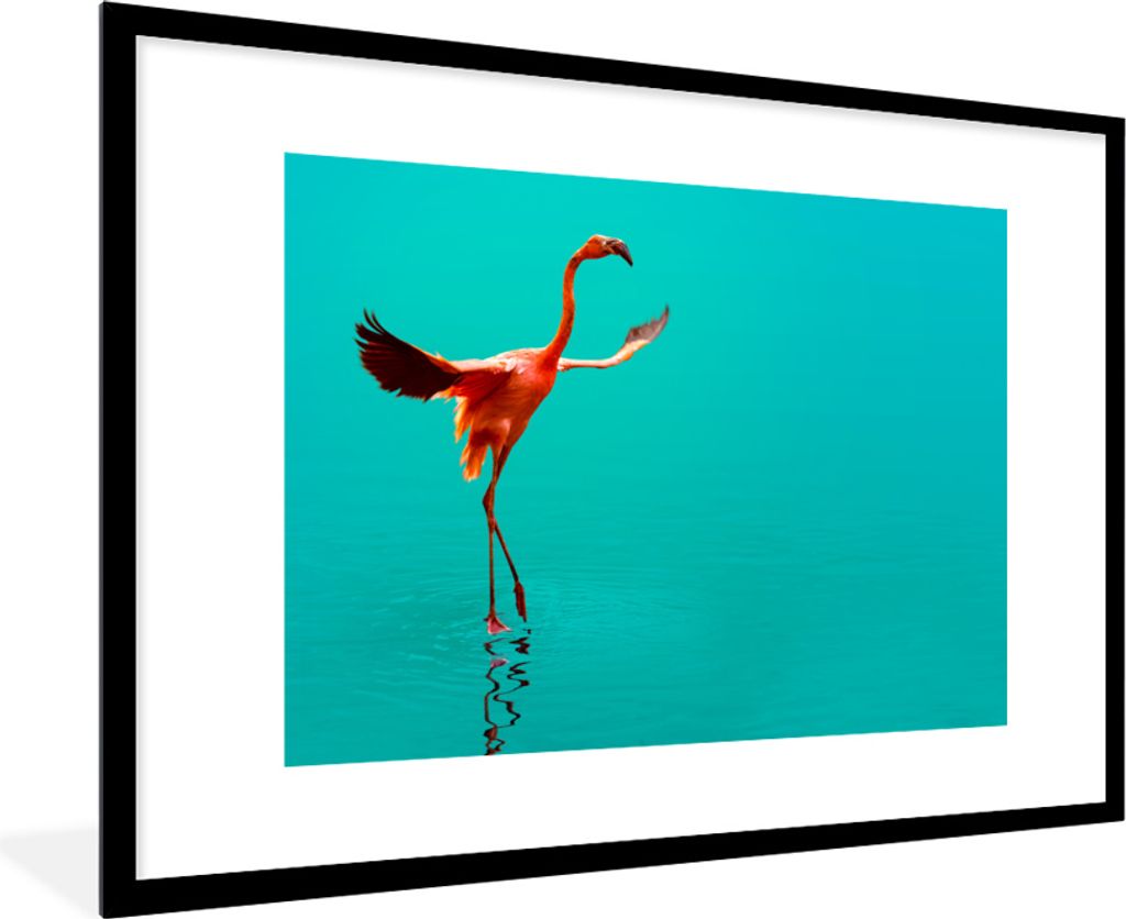 MuchoWow MuchoWow Gerahmtes Poster Flamingo im blauen Meer 90x60 cm - Poster mit zchwarzem Bilderrahmen - Wanddekoration - Fotos