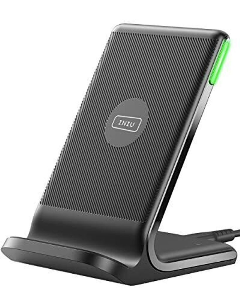 A black wireless charger stand with a green indicator light.