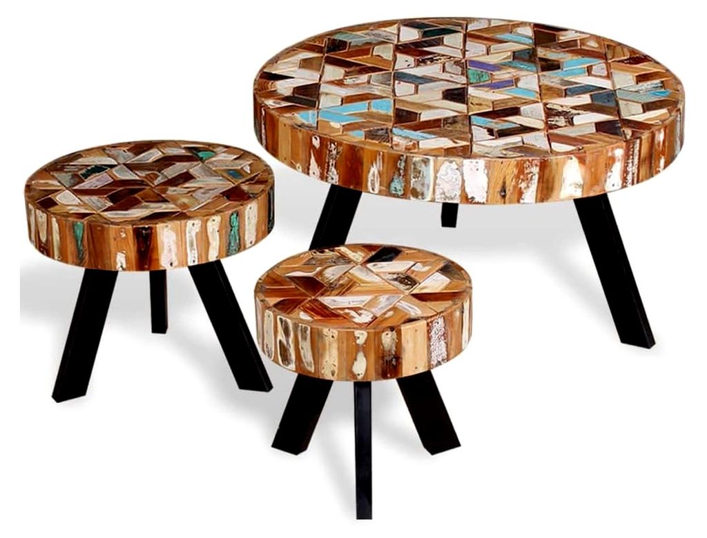Tische, Akzenttische, Couchtische, dreiteiliges Couchtisch-Set aus massivem Altholz