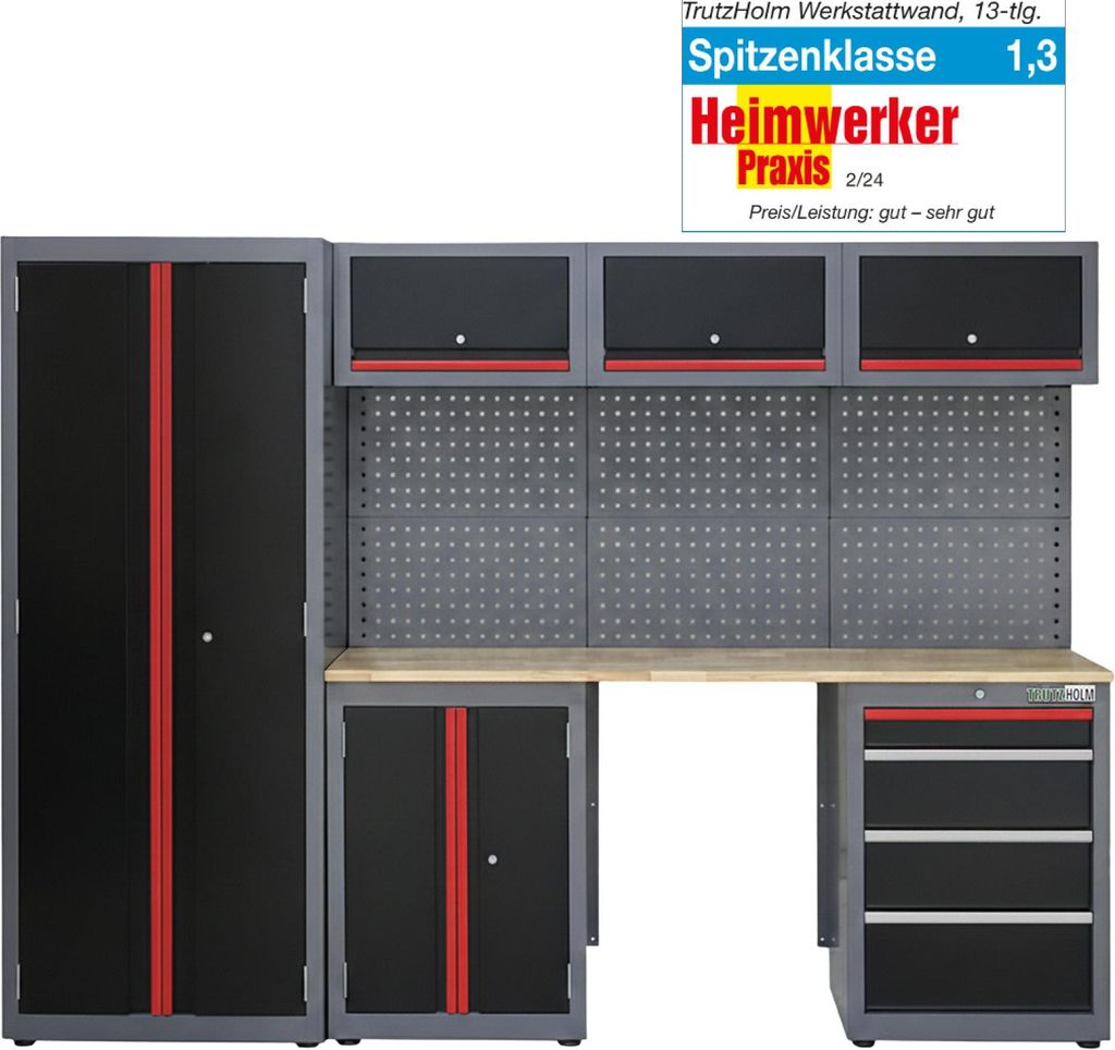 Werkstattwand 13-tlg. modulares Werkstattschranksystem aus Stahl mit massiver Holzarbeitsplatte rot