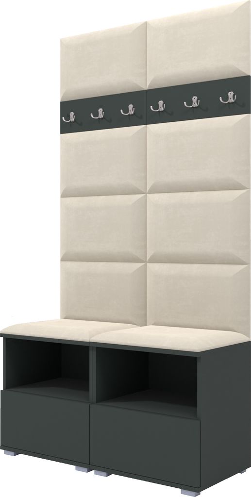 Garderoben-Set Nela III, Polstergarderobe mit zwei Schuhschränke, Flurmöbel Wandpaneele und Kleiderbügel (Farbe: Graphit + Trinity 01 (Creme))