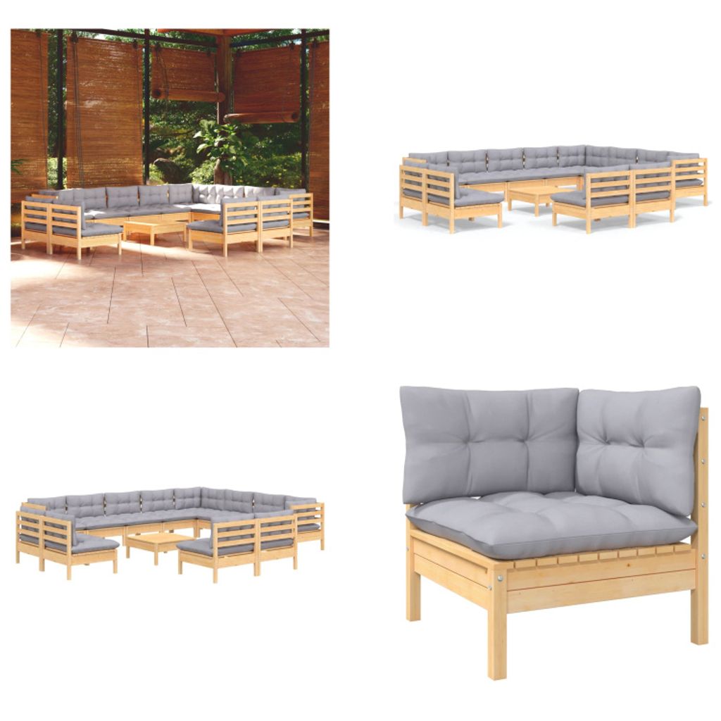 vidaXL 13 tlg. Garten Lounge Set mit Grauen Kissen Massivholz Kiefer - Garten-Lounge-Set - Garten-Lounge-Sets - Gartenmöbel-Set - Gartenmöbel-Sets