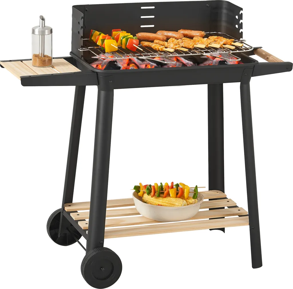 Chariot de barbecue Ari 78x86x30cm en métal noir et plateau bois naturel