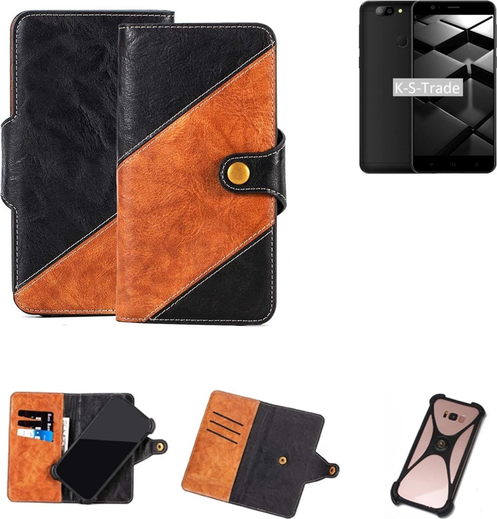 K-S-Trade Handyhülle Schutzhülle Bookstyle Case Wallet-Case kompatibel mit Elephone P8 Mini Handy Cover Bumper Klapphülle schwarz hellbraun 1x