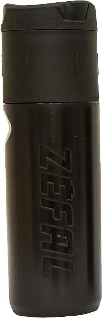 A black cylindrical object, likely a water bottle or container, is shown against a white background.