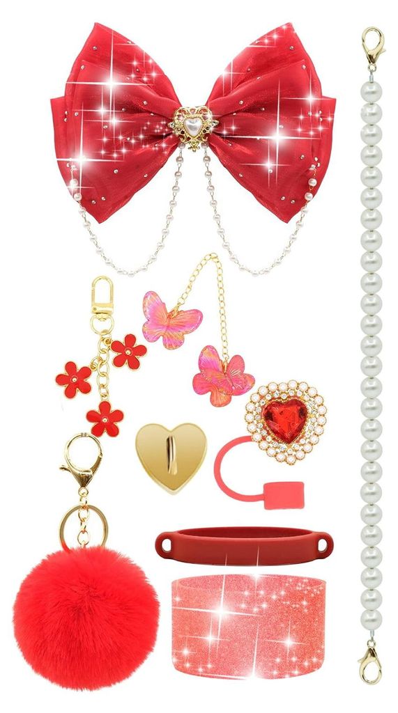 1 Set Becherhülle mit funkelnden Strasssteinen, Schleife, Plüschkugel-Dekor, Kunstperlen, Lanyard und Silikon-Bodenschutz