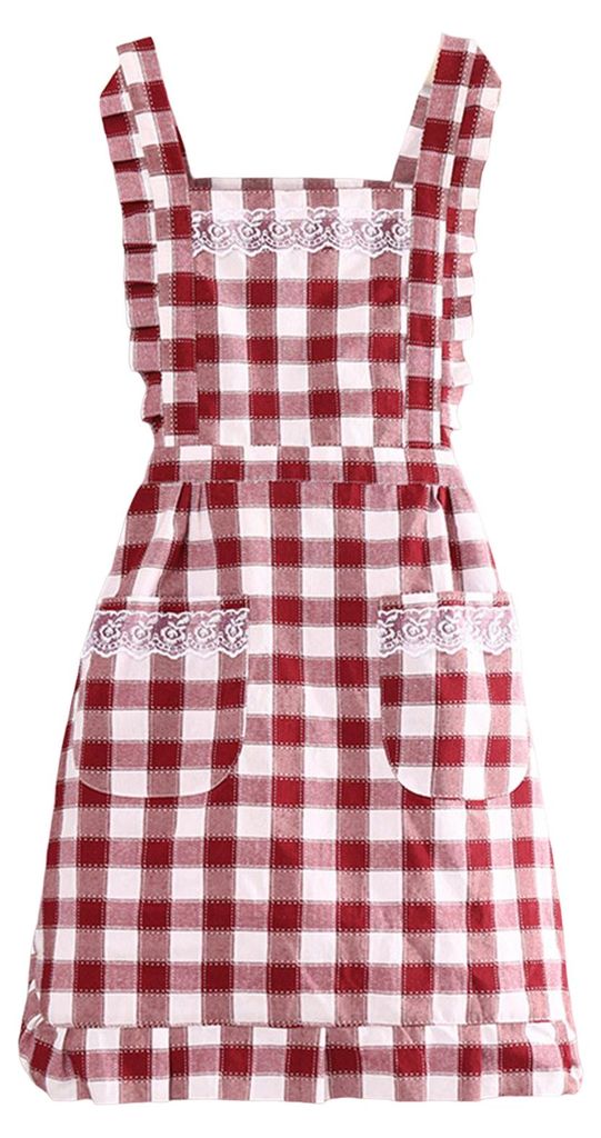 Ärmellose Backschürze mit Karomuster und Spitzendekor, kurz, doppellagig, ölabweisend, Unisex, mit zwei Taschen, ideal für Bäckereien.