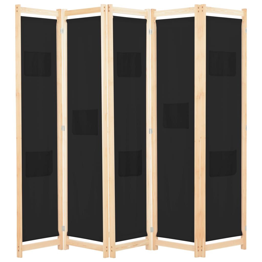 A five-panel room divider with black fabric panels and a light wood frame, shown against a white background.