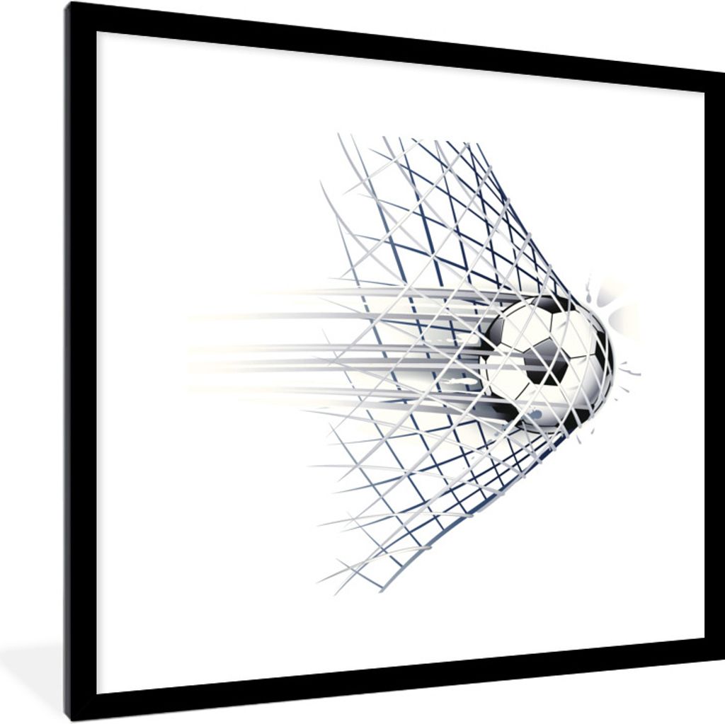 MuchoWow Gerahmtes Poster Eine Illustration eines Fußballs, der ins Tor geht - Jungen - Mädchen - Kinder 40x40 cm - Poster mit Schwarzem Bilder...