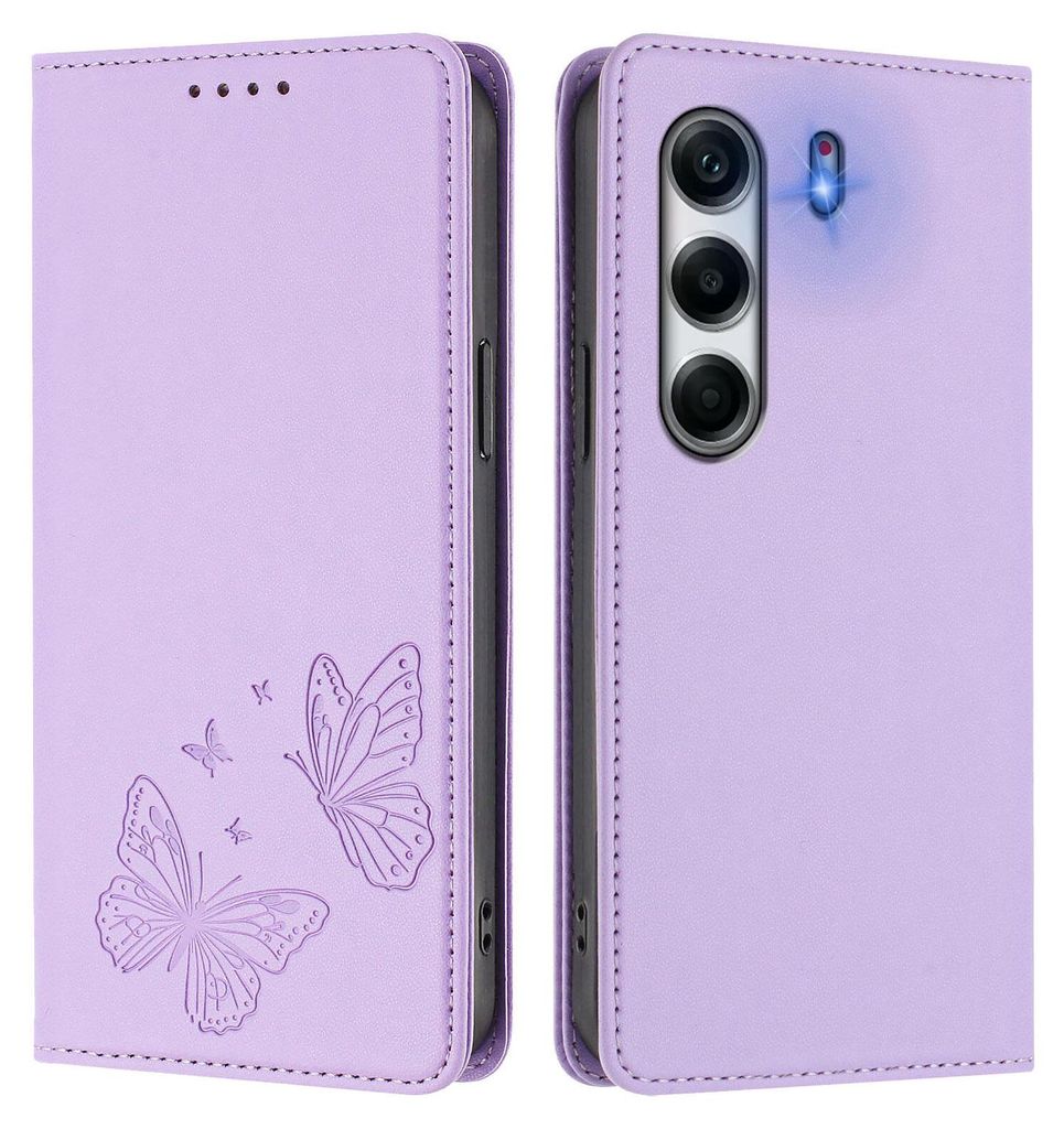 Lederhülle für Tecno Camon 40 Pro 4G, Schmetterling Prägung Leder Brieftasche Schutzhülle mit Ständer Violett