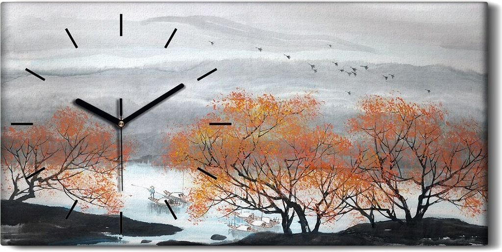 Wanduhr Bürouhr Leinwand Bild 60x30 Malerei Asiatische Berg Bäume Boote Kunst - schwarze Hände