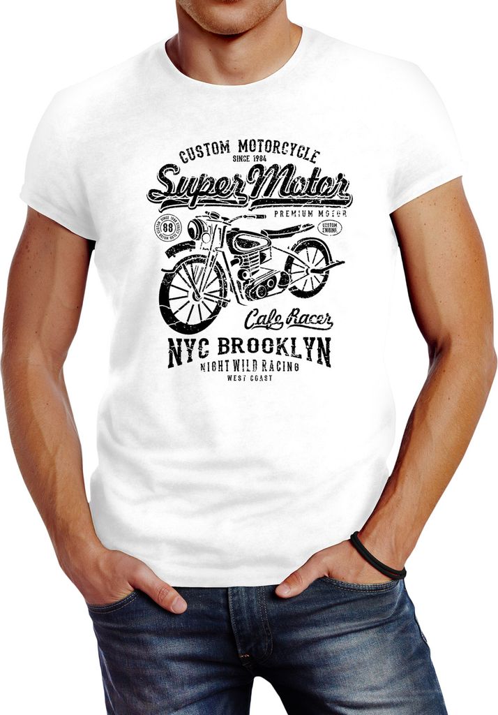 Herren T-Shirt Biker Shirt Motorrad Super Motor Retro Vintage Slim Fit Neverless weiß XS