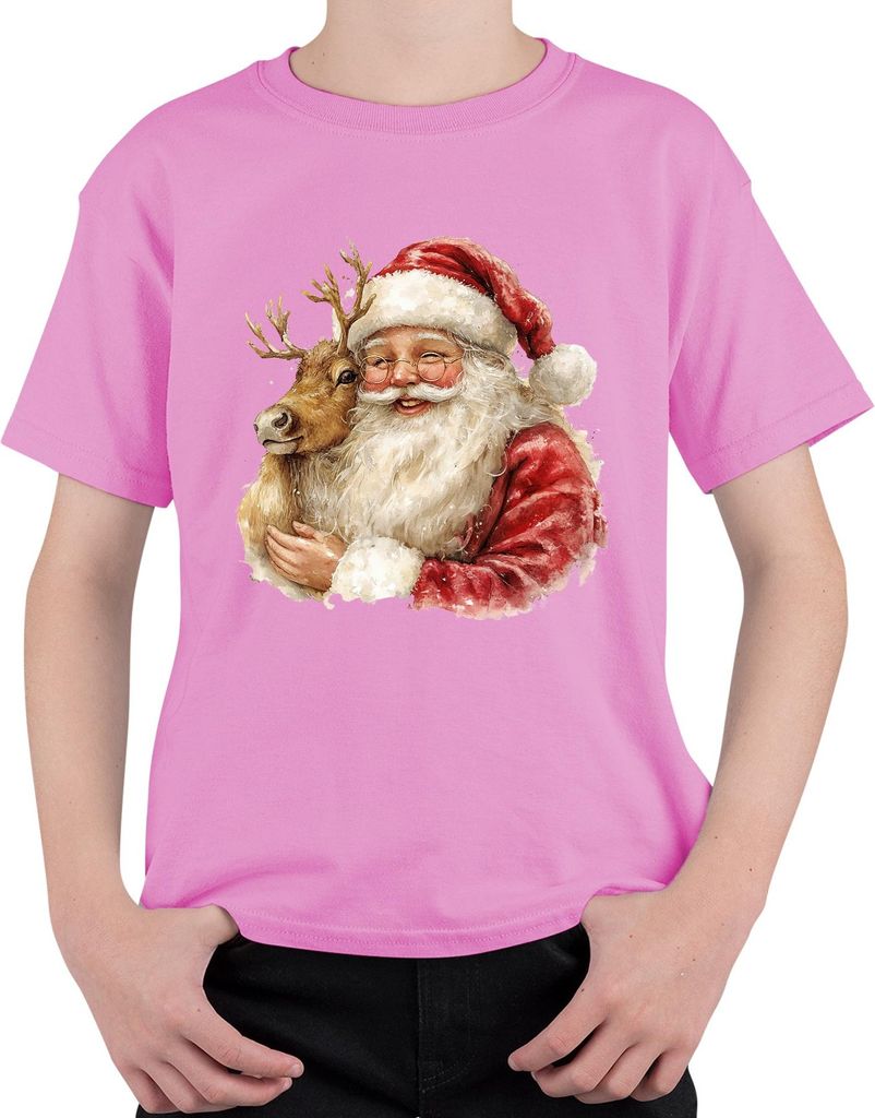 Weihnachtsmann Rentier Aquarell Weihnachten Geschenk Vintage Uni Kinder T-Shirt, Pink, 128