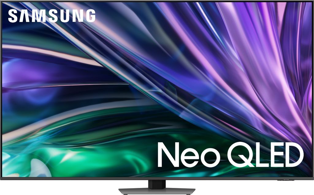 A Samsung Neo QLED TV displaying a colorful abstract image.