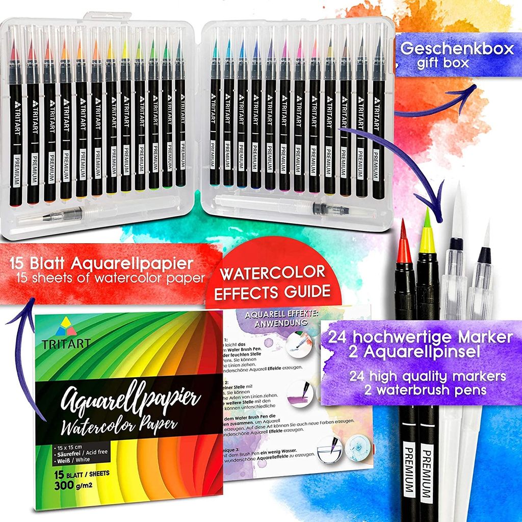 20 Pinselstifte Set Aquarell 2 Wassertankpinsel Stifte Farben Brush Kalligraphie 