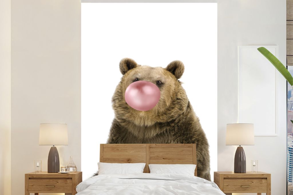 MuchoWow Fototapete für Wohnzimmer oder Schlafzimmer Wandtapete Vinyl Motivtapete Bär - Tiere - Kaugummi - Jungen - Mädchen - Kinder - 160x240...