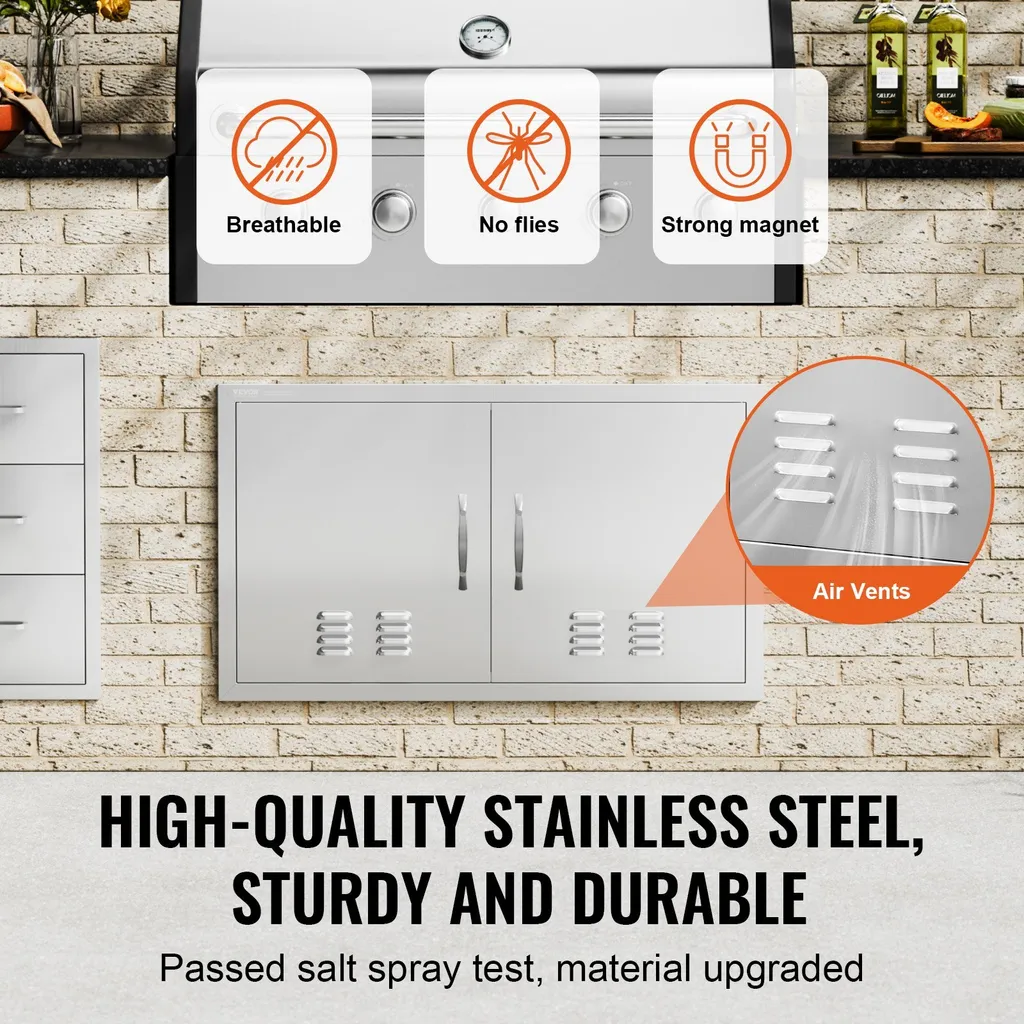 Porta di accesso al barbecue, 914 x 534 mm, Doppia porta per cucina esterna, Porta in acciaio inox a incasso, Porta verticale a parete con maniglie e fessure di ventilazione, per isola barbecue, stazione barbecue, mobile esterno - 3