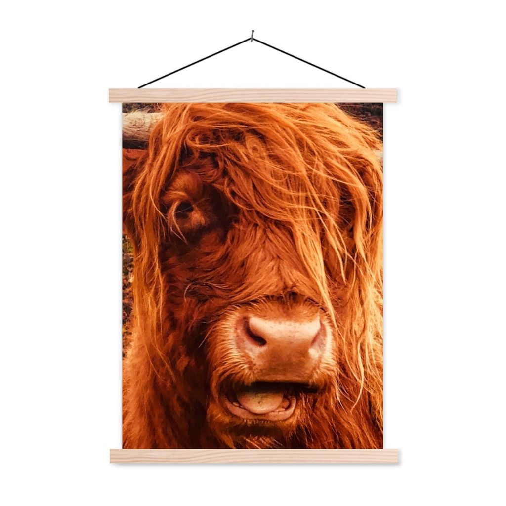 MuchoWow Textilposter Schottischer Highlander - Nahaufnahme - Kuhkopf 40x53 cm mit holzfarbenen Rahmen - Schlafzimmer