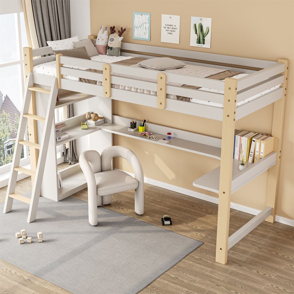 Kinderhochbett,Etagenbett mit Schutzleisten und Lattenrost, Kinderbett mit Schrägleiter, integriertem Schreibtisch und Regalen,aus Massivholz