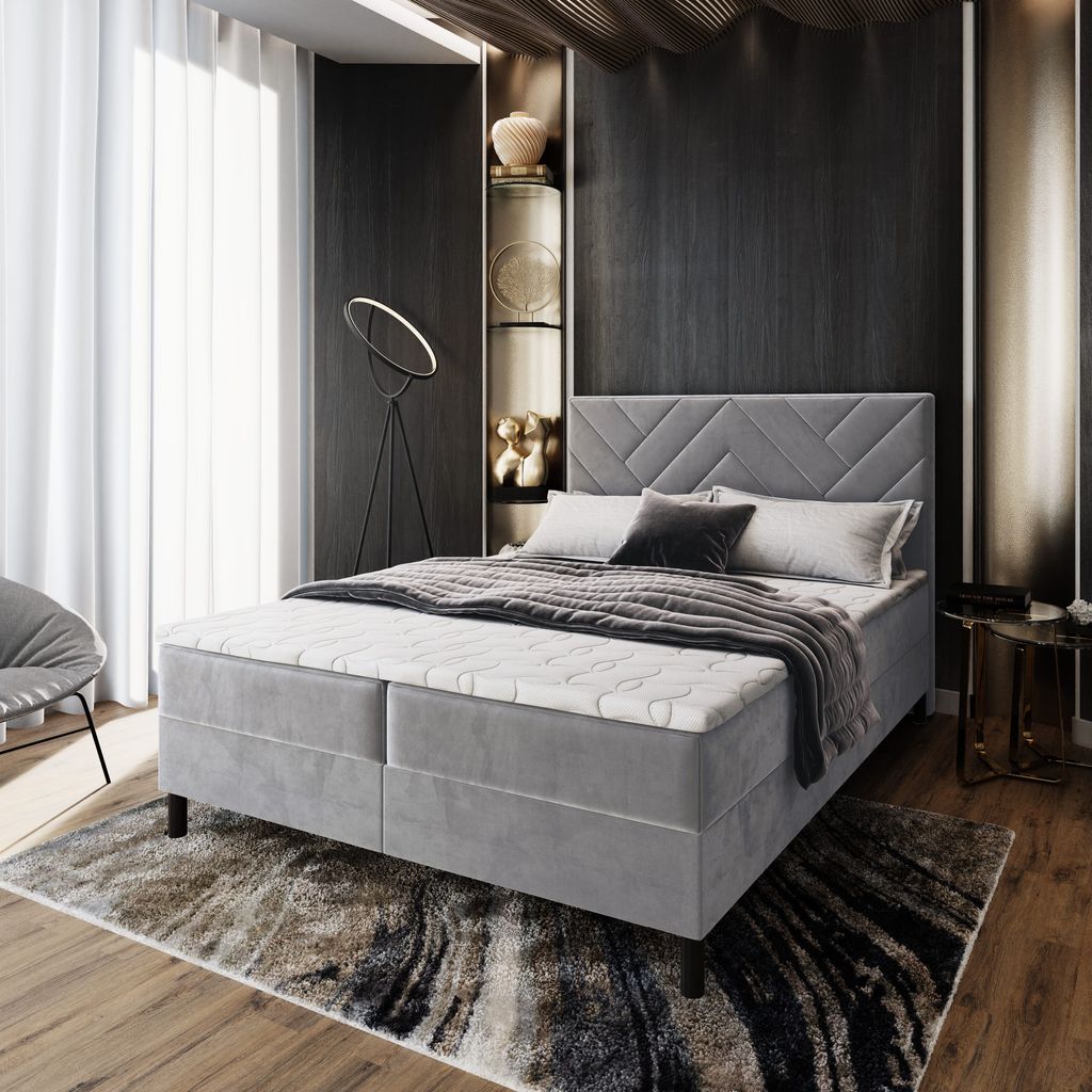 Masseno Boxspringbett ROKIS 180x200 cm Komplett-Set mit Bonell Matratze und Topper, Polsterbett mit Bettkästen -Hellgrau, MONOLITH 84