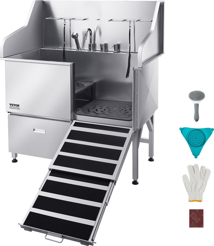 VEVOR Hundebadestation aus Edelstahl, 1275 x 795 x 1435 mm, mit Rampe, Wasserhahn, Duschkopf (mit Leine), für große, mittelgroße und kleine Haus...