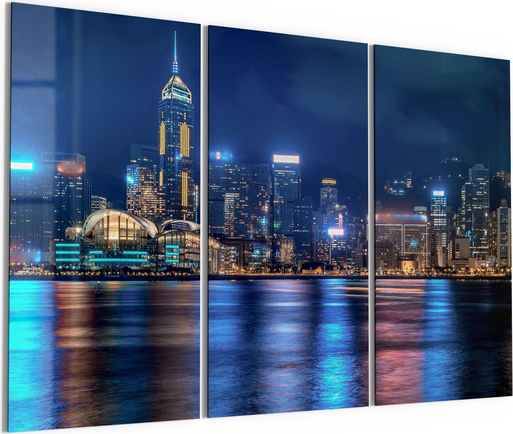 DEQORI Glasbilder Acryl 3x50x100 cm 'Hongkongs Skyline nachts' Wandbilder XXL groß