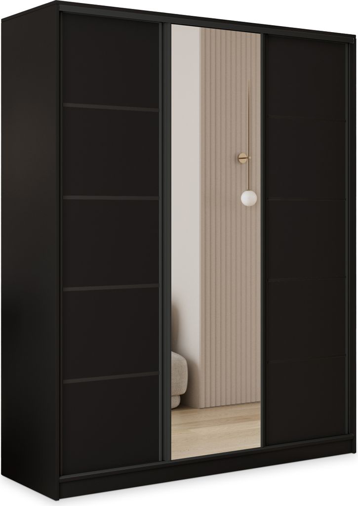 Masseno Schiebetürenschrank PINA 160/205/58 cm Kleiderschrank mit 4 Schubladen Schlafzimmer Schrank 3-türig mit Spiegel Schwarz