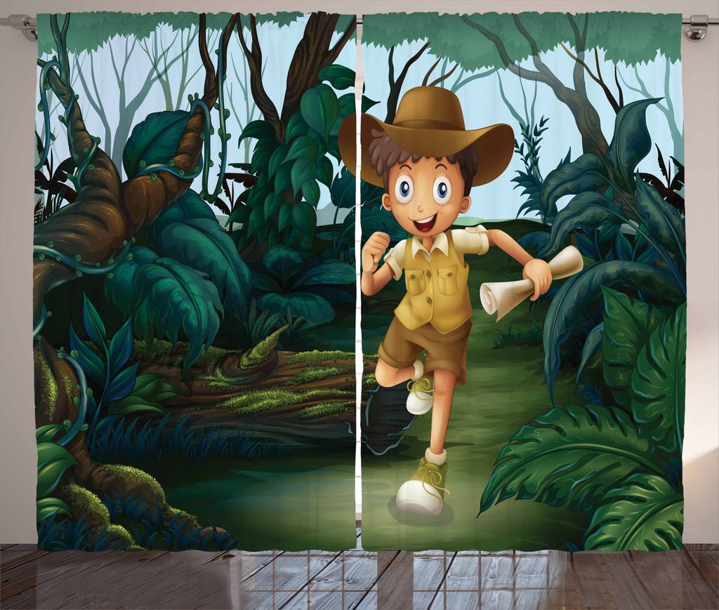 ABAKUHAUS Pfadfinder Rustikaler Gardine, Kid Laufen in Woods, Schlafzimmer Kräuselband Vorhang mit Schlaufen und Haken, 280 x 175 cm, Forest Green...