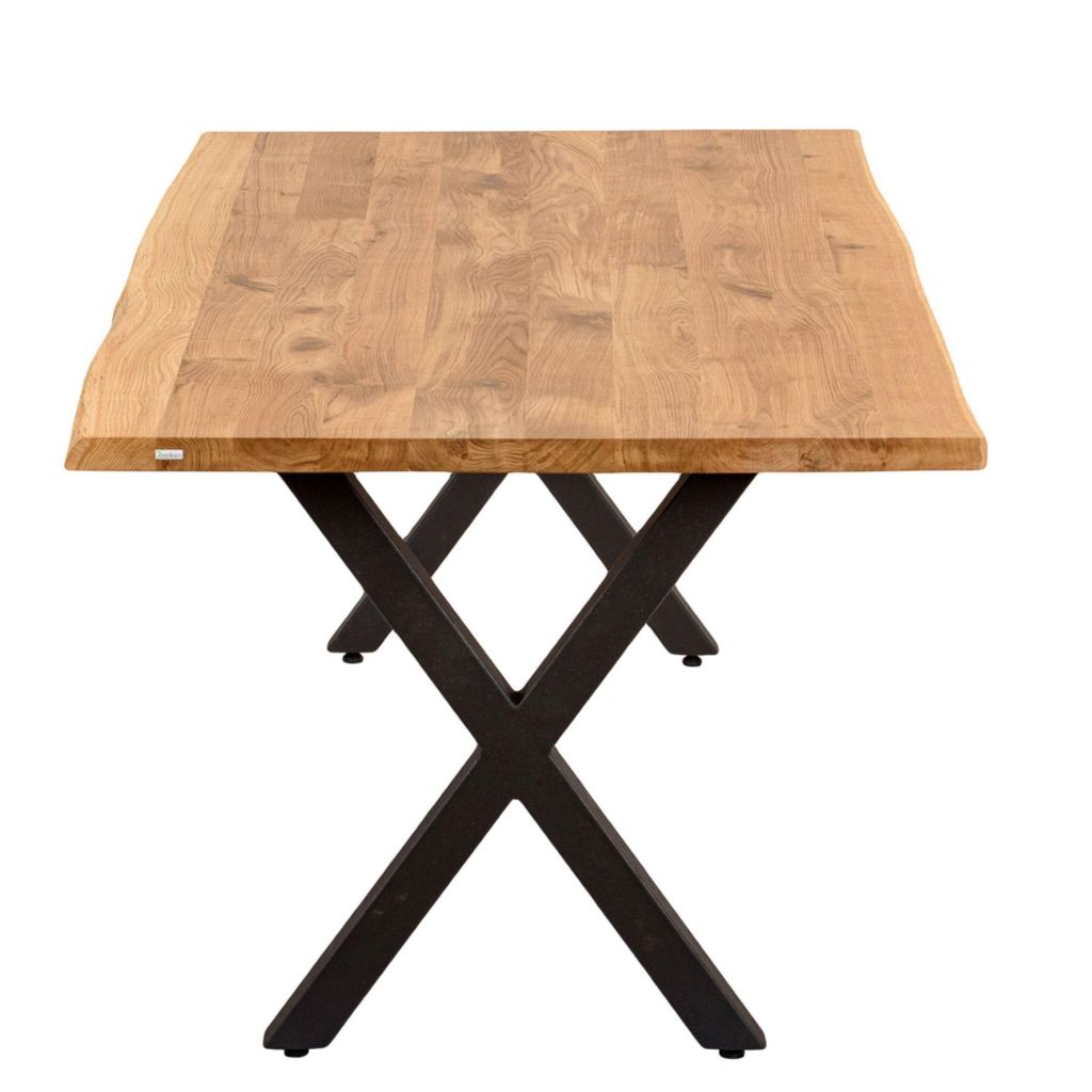 Massivholztisch Eiche 180x185 cm mit Baumkante – Esszimmertisch mit 4 cm Tischplatte & X-Metallgestell – moderner Esstisch , Natur Geölt