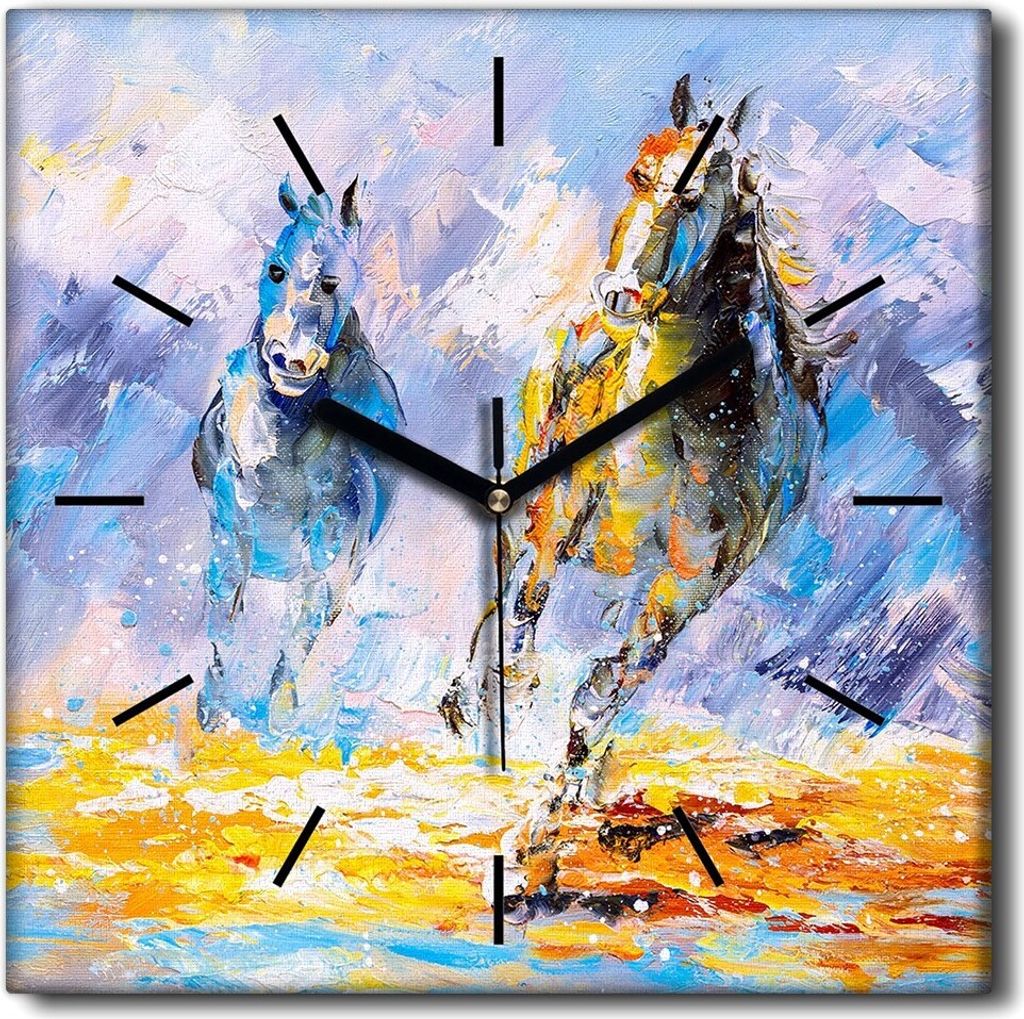 Coloray Uhr auf Leinwand 30x30 cm Wand Uhr Dekoration Wohnzimmer Segeltuch schwarze Hände -Pferde galoppiert Tiere.