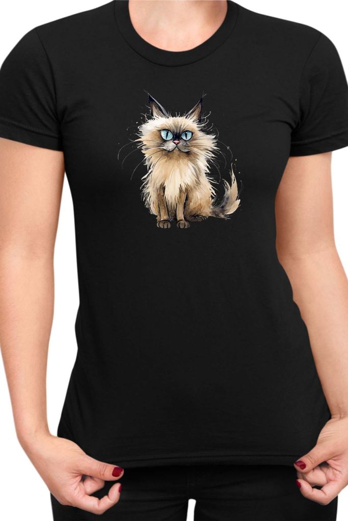 Damen T-Shirt Funny Cats Breeds Balinese Cat 010, Lady L / Schwarz